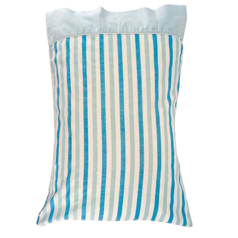 70s Aqua Blue Striped Pillowcase 1970s Vintage Standard Size